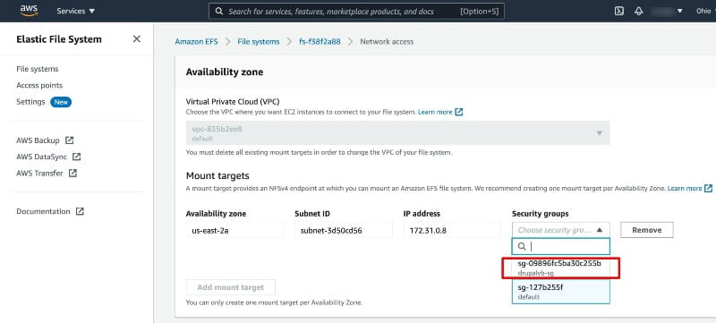 Attach EC2 Security group to EFS