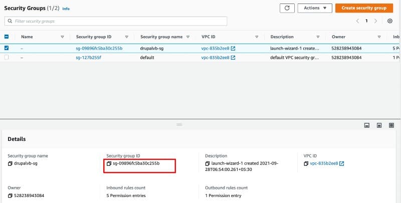 Copy the ‘Group ID’ from EC2 instance security group