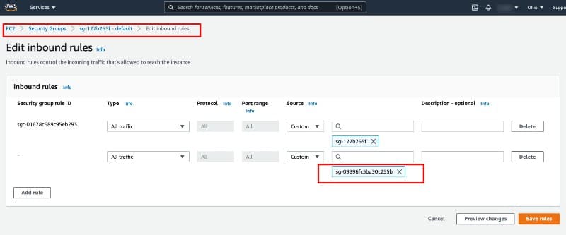 Editing Inbound rules to allow All Traffic from EC2 Security