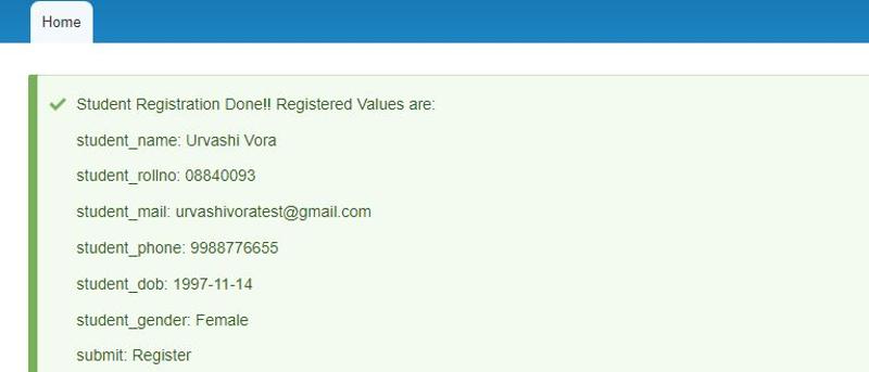 Form submission values are displayed as a result of successful form registration