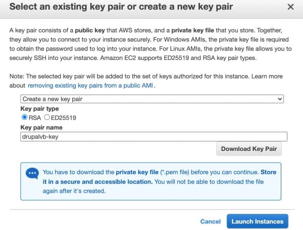 Create an existing key pair or create a new key pair