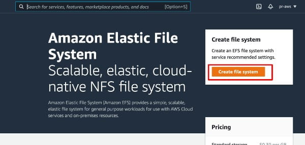 Create file systems under Amazon Elastic File System page