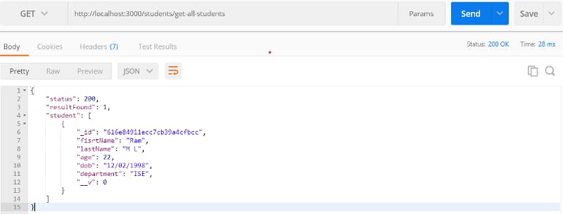 postman result after adding document or data to Database and running the GET method