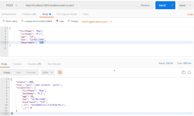 postman result after running the POST method