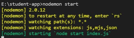 terminal screen after nodemon start command to run the App