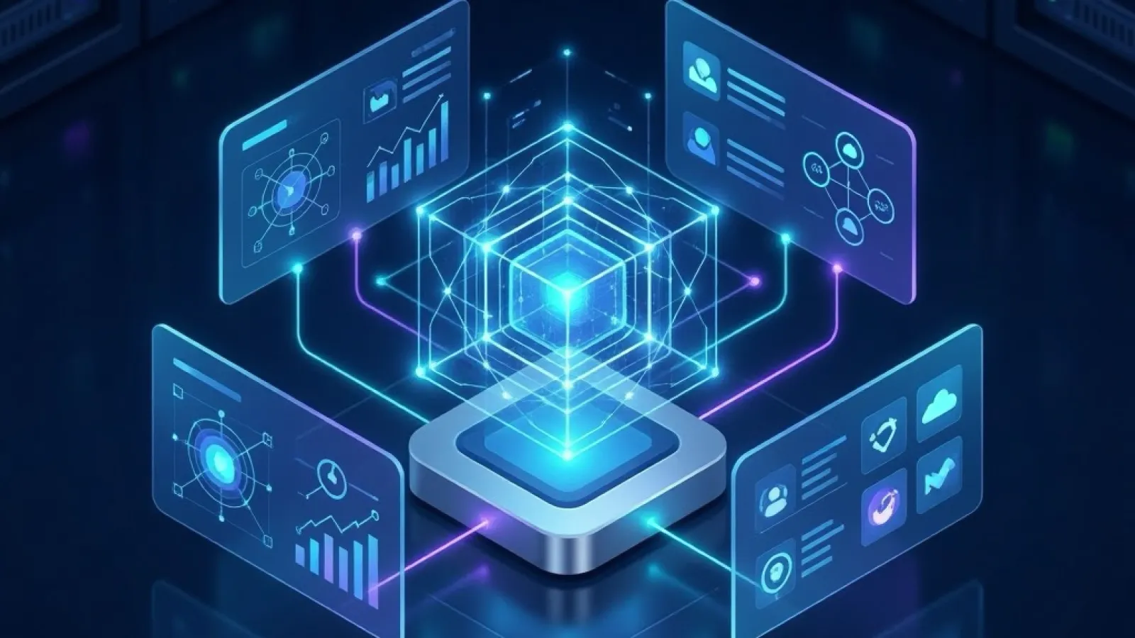 AI as a service platform showing scalable enterprise solutions with cloud computing, data dashboards, and AI-powered digital workplace integration