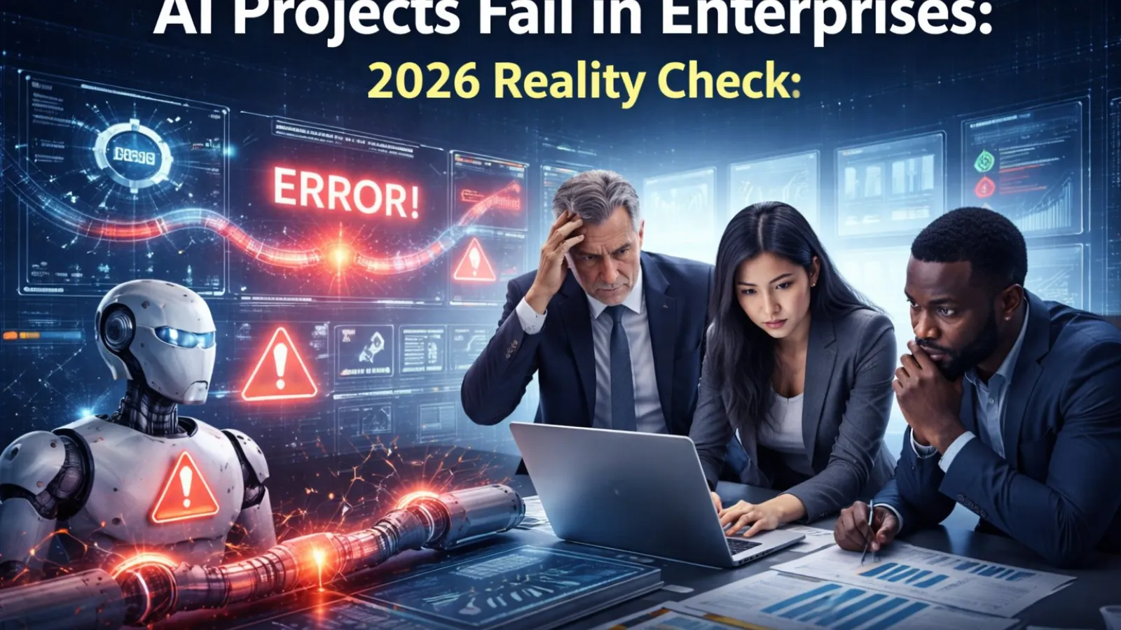 AI project failure in enterprises showing error alerts, broken AI system, and team analyzing implementation issues