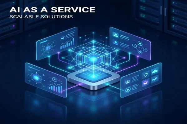 AI as a service platform showing scalable enterprise solutions with cloud computing, data dashboards, and AI-powered digital workplace integration