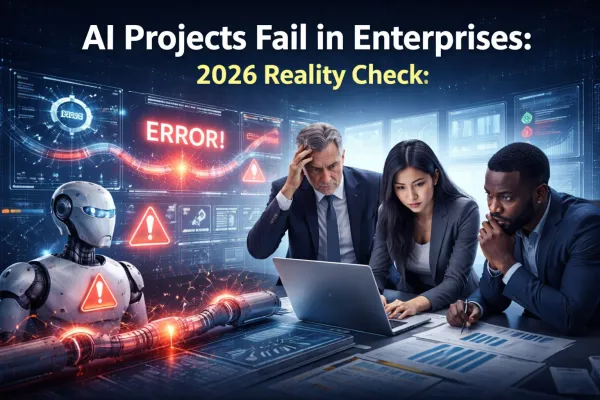 AI project failure in enterprises showing error alerts, broken AI system, and team analyzing implementation issues