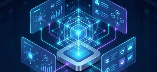 AI as a service platform showing scalable enterprise solutions with cloud computing, data dashboards, and AI-powered digital workplace integration