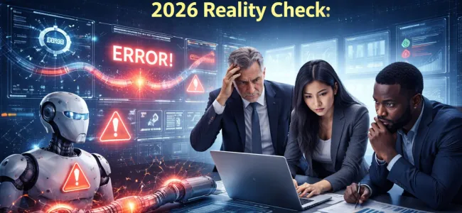 AI project failure in enterprises showing error alerts, broken AI system, and team analyzing implementation issues